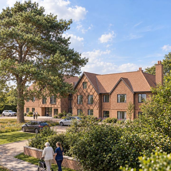 CGI of the Fareham development, 2 storey care home with a landscaped car park and young trees