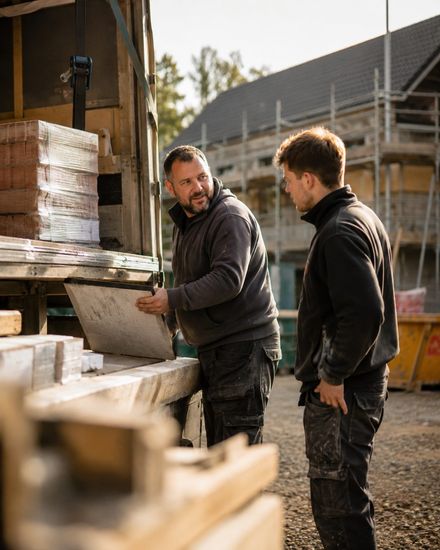 Tradespeople unloading materials from a van at a building site
