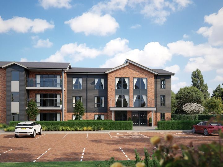 CGI of the Canterbury development, a modern brick care home with balconies and a front car park