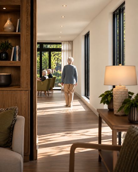 A resident walking along a bright care home corridor