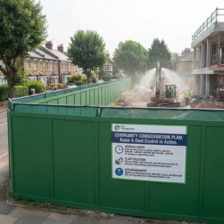 Site hoarding with a community consideration plan and dust suppression in use