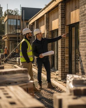Two construction managers on site in front of a new brick building