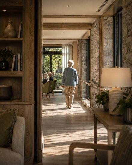 A resident walking along a bright care home corridor