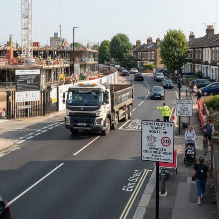A construction lorry following a signed construction traffic route on a residential street