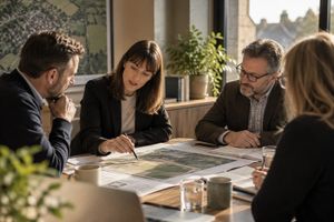 A team reviewing plans around a meeting table